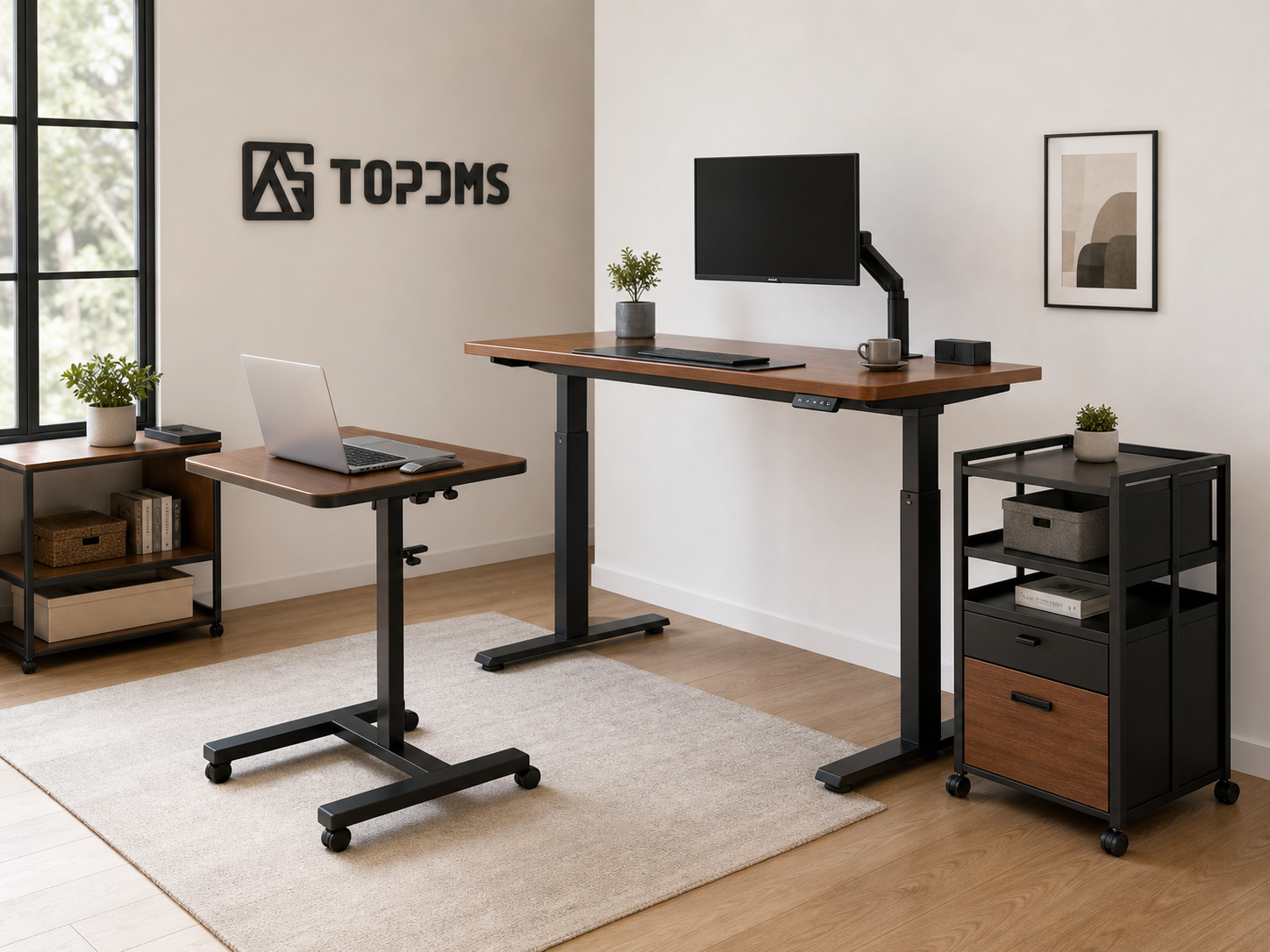 Compact indoor adjustable table and workstation with metal frame and wood-look panel
