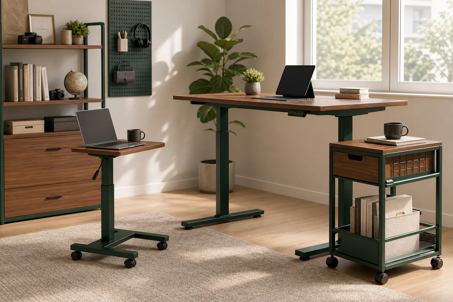 Compact indoor adjustable table and workstation with metal frame and wood-look panel