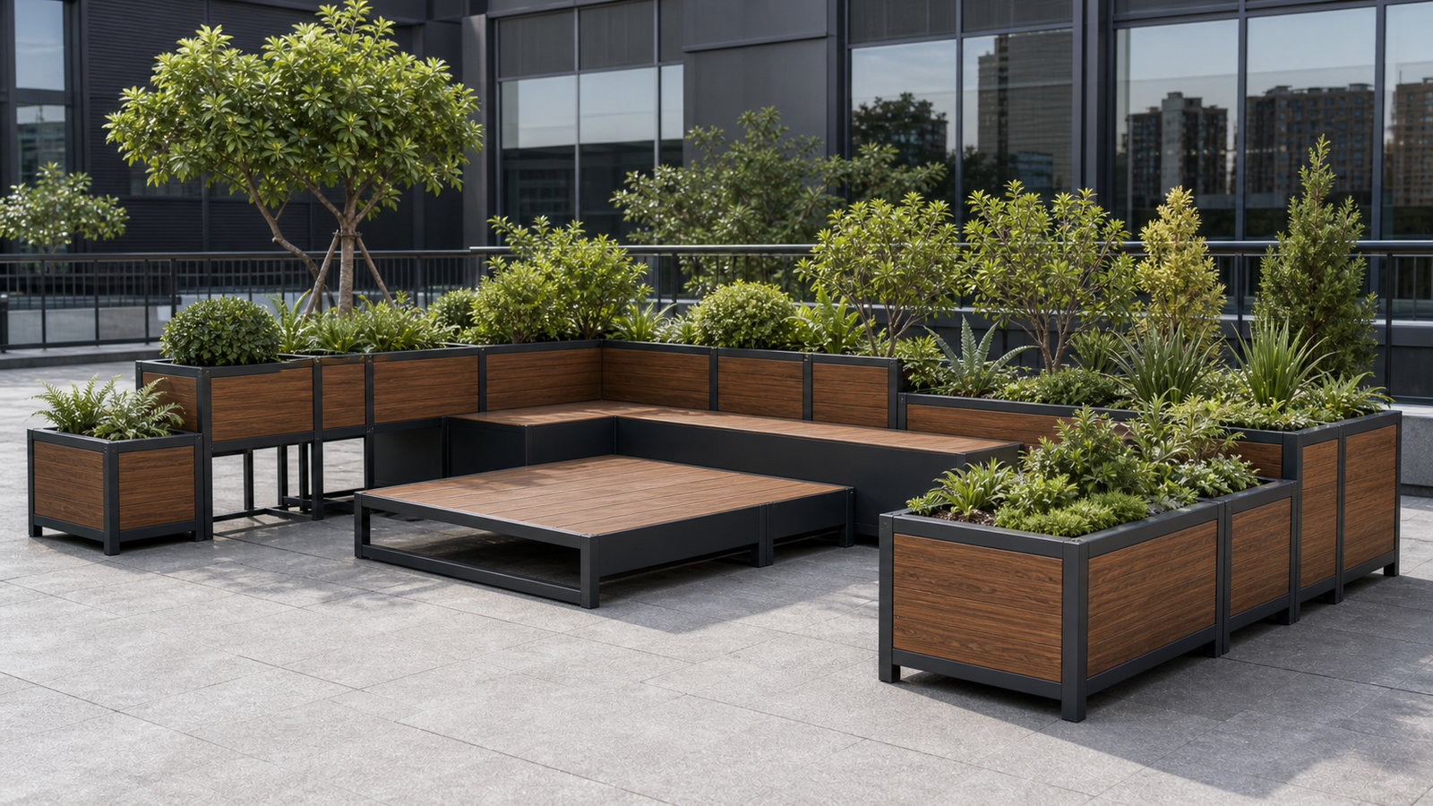 TOPDMS modular planter stand and bench product scene