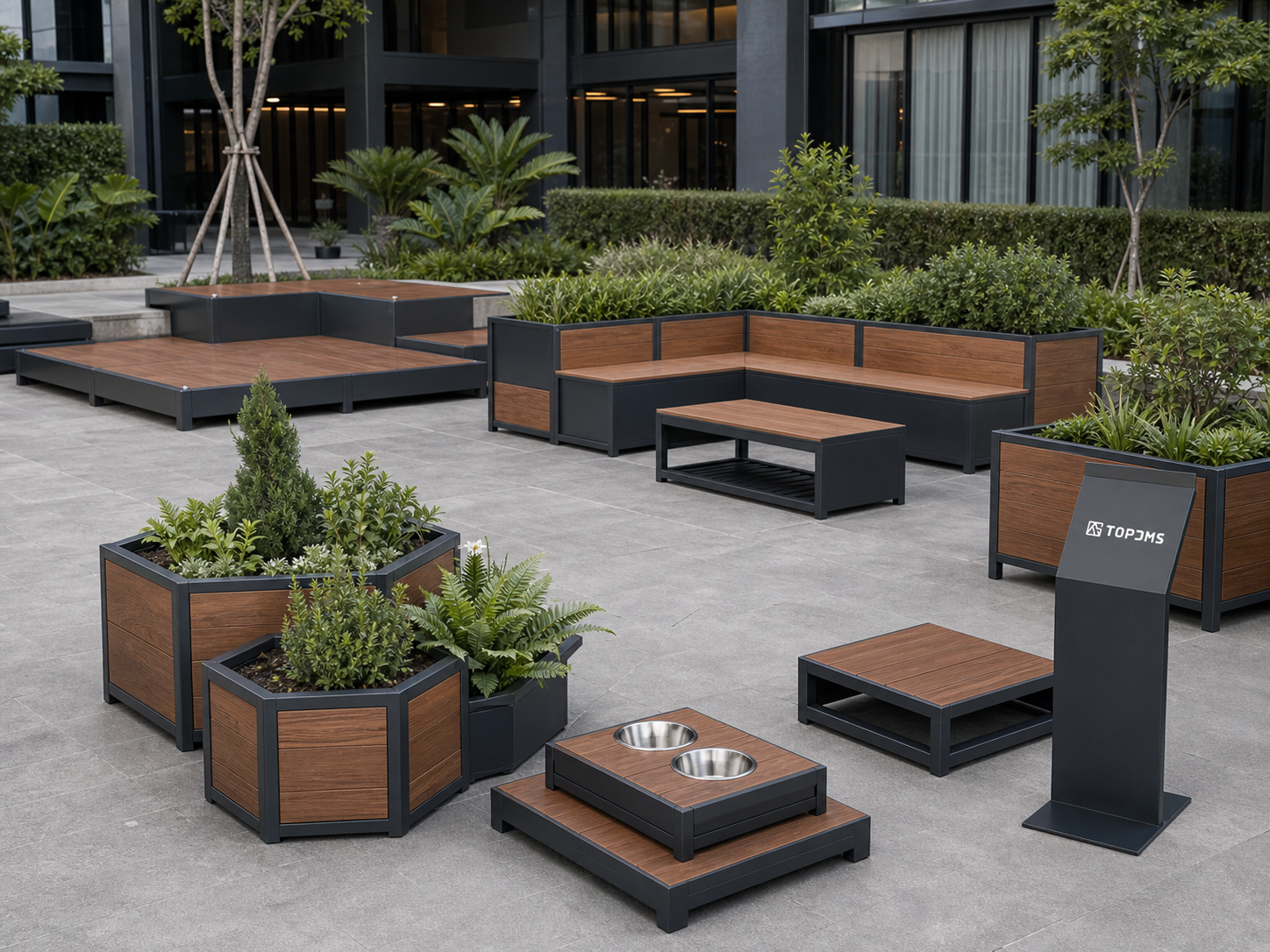 Modular outdoor landscape and garden product system with metal frames and wood-look panels