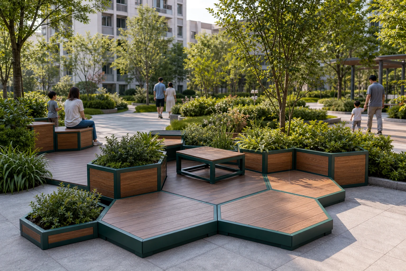 Modular outdoor landscape and garden product system with metal frames and wood-look panels