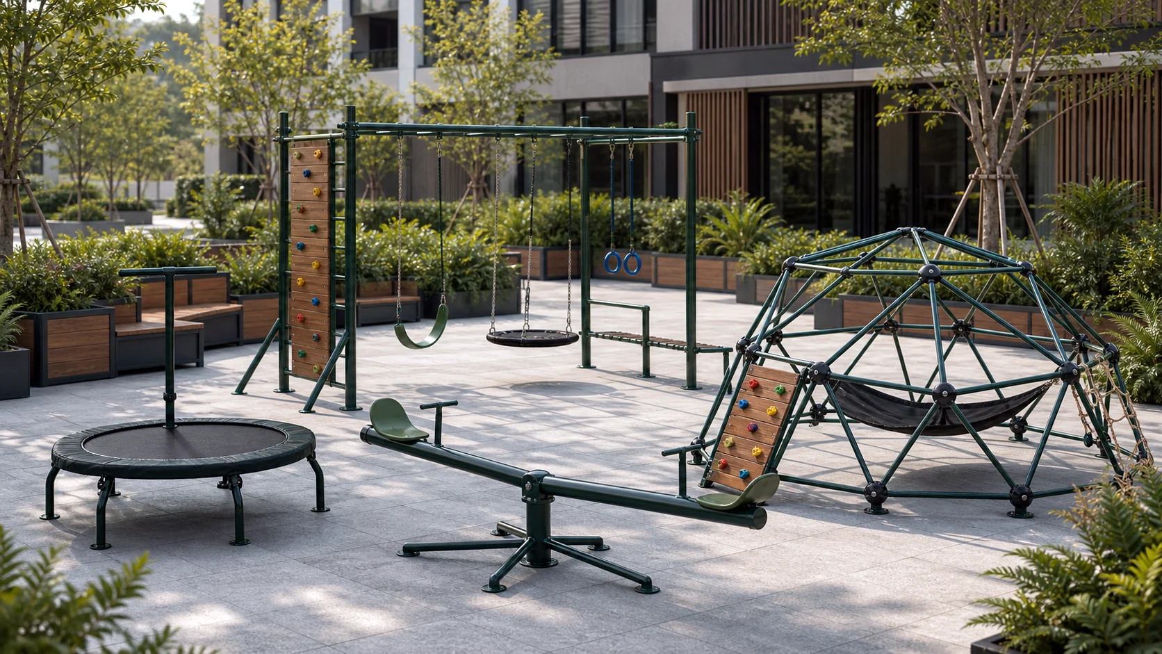 Outdoor play and fitness equipment with powder-coated metal structure