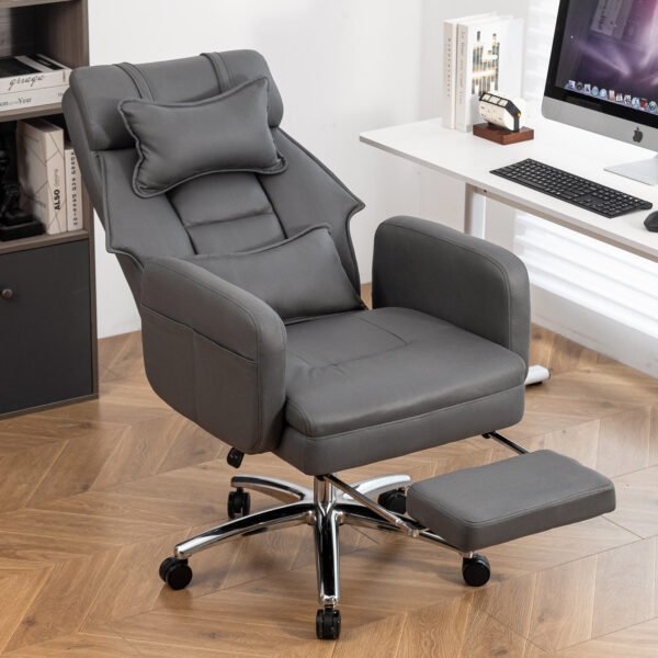 Swivel Ergonomic Office Chair, Technology Leather High Back Office Chair with Lumbar Support Headrest, Sedentary Comfortable Boss Chair, 155° Reclining Computer Chair