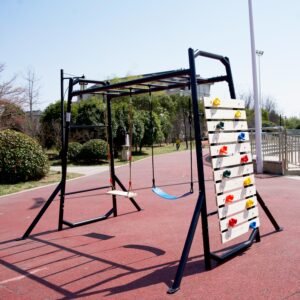 Outdoor Swing Set with Climbing Wall and Monkey Bars,Outdoor Playset for Kids with Trapeze Swing Bar and 2 Belt Swings, Heavy Duty, Black