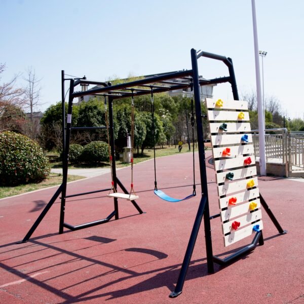 Outdoor Swing Set with Climbing Wall and Monkey Bars,Outdoor Playset for Kids with Trapeze Swing Bar and 2 Belt Swings, Heavy Duty, Black